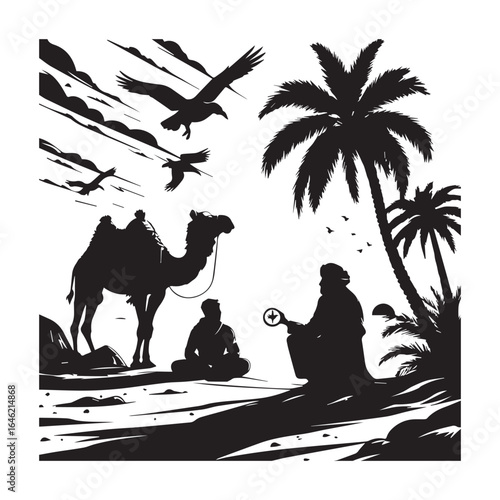 Vector art of silhouette of a camel caravan in the desert with birds and palm trees, featuring two figures in conversation