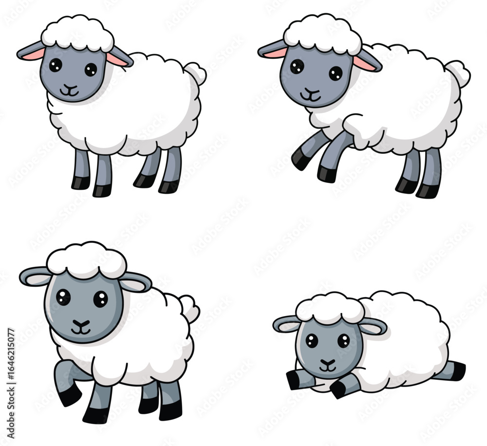 Obraz premium Cute Cartoon Sheep Set - Adorable Farm Animals Vector Illustration Collection for Kids