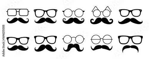 Diverse black glasses and mustaches collection white