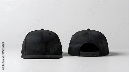 Black snapback baseball cap mockup front and back view on white background