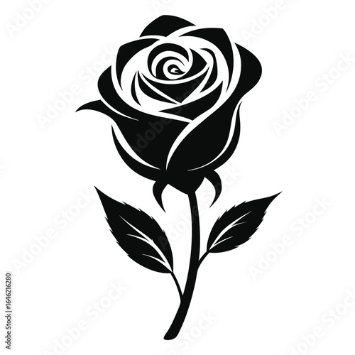 Rose with leaves vector black silhouettes flower isolated on a white background. Flower silhouette Vector illustration.