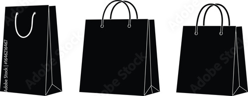 Black paper shopping bags with handles, isolated on white background for retail, packaging, branding design