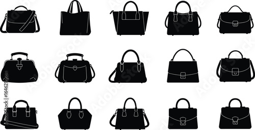 Black handbag silhouettes collection, isolated on white background for fashion, accessories, branding, retail, and design