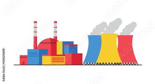 Stylized Vector Illustration of a Nuclear Power Plant with Cooling Towers