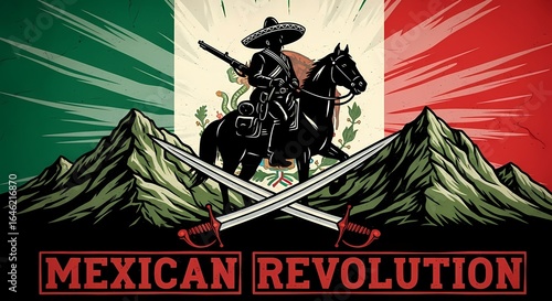 Mexican revolution concept with traditional symbols and mountain landscape for historical design