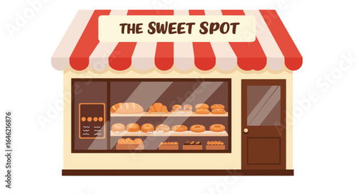 Stylized flat vector illustration of a vibrant small bakery shop front