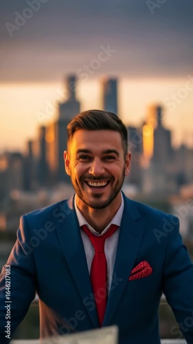 Happy man in blue suit throwing money in air outdoors with city background enjoying financial success. Footage.