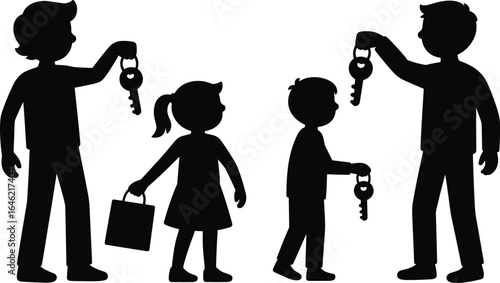 Silhouette of adults giving keys to children, family security and homeownership concept vector illustration design