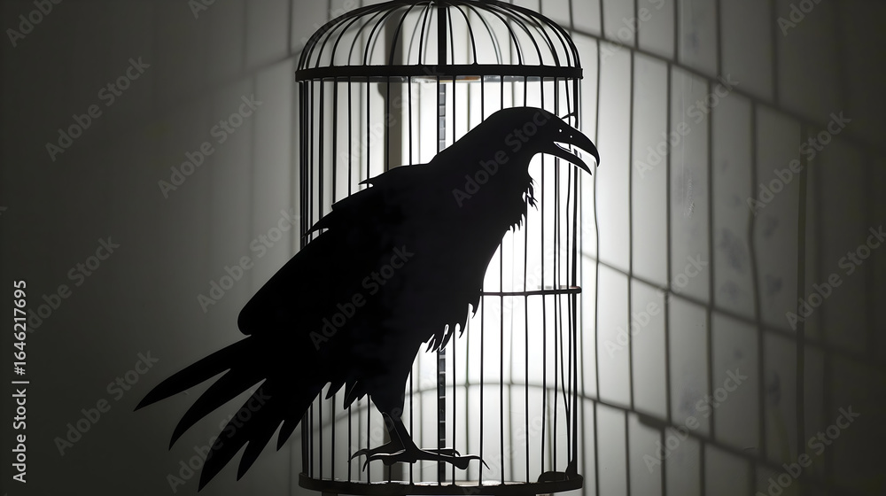 Fototapeta premium Raven silhouette trapped in a vintage birdcage creating a mysterious and dramatic scene perfect for gothic themes or Halloween designs