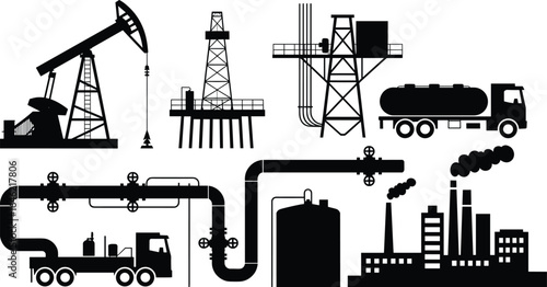 Oil and gas industry icons, drilling rigs, pipelines, refinery, transportation, isolated on white for industrial design