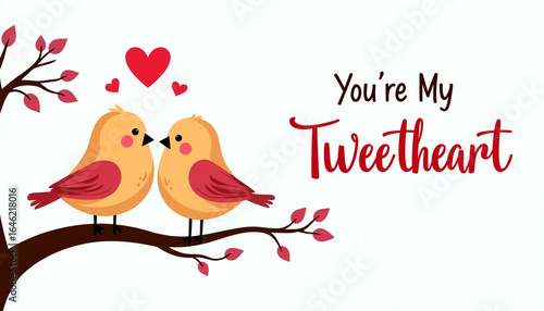 Couple of lovebirds kissing on a branch with hearts for Valentine's Day  