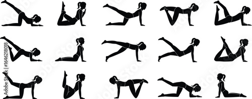 Woman Practicing Yoga Poses Silhouette, Fitness Exercise Routine, Black Workout Illustration for Healthy Lifestyle