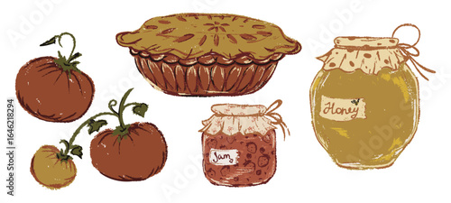 Chalk textured cozy autumn set. Vintage aesthetic harvest fall color crayon tomatoes, homemade apple pie, canned jam, honey in glass jar. Hand drawn pencil cartoon sketch vector illustration isolated