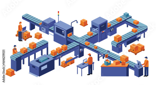 Modern automated packaging production line with boxes and workers in isometric style