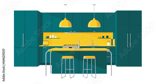 Stylized flat vector illustration of a modern kitchen in teal and yellow tones