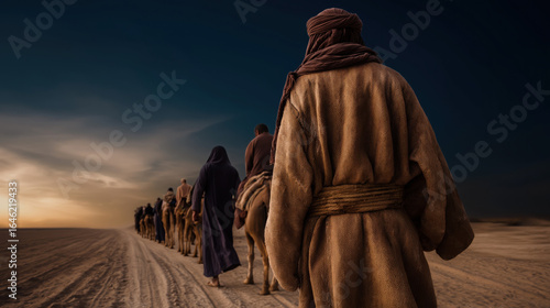 On a dusty desert road, bound Joseph walks behind a camel caravan, the sunset casting long shadows over the sand, while his older brother Judah watches silently from afar.biblical story..