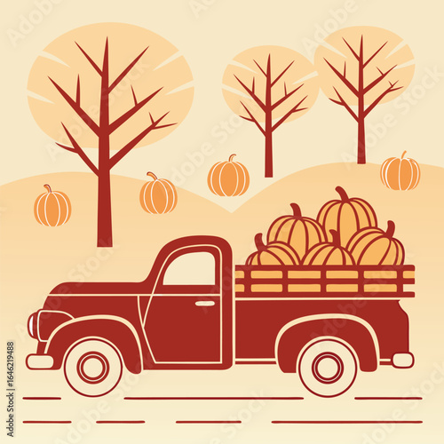 Auburn vintage pickup truck hauls pumpkins in a simple autumn countryside scene