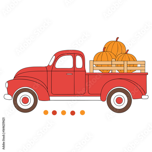 Classic red pickup truck transports pumpkins on its wooden bed gracefully on white
