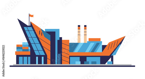 Stylized flat vector rendering of a port authority building with vibrant colors