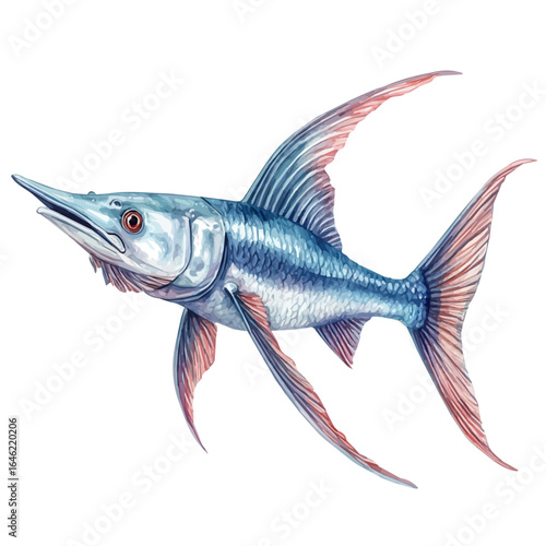 Swordfish, watercolor vector, isolated on a white background.