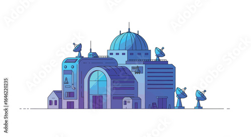 Stylized flat vector illustration of a vibrant space research center building
