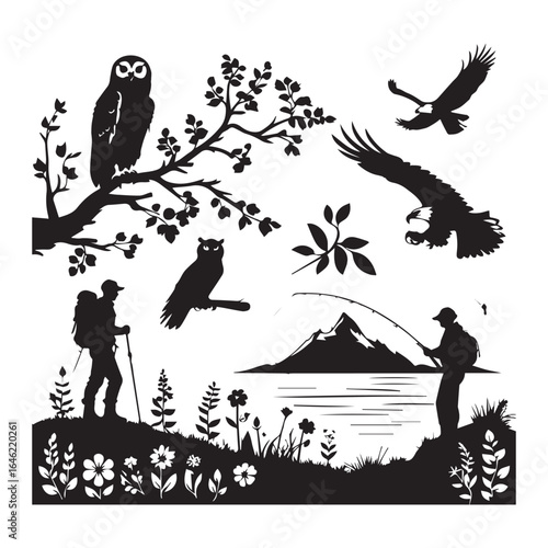 Vector art of silhouette of owls and birds of prey perched on branches, with a hiker and a fisherman by a mountain lake