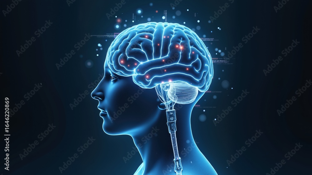 Obraz premium Digital brain hologram artificial intelligence bid Data. Video of the thinking process, future technologies, computer learning machine