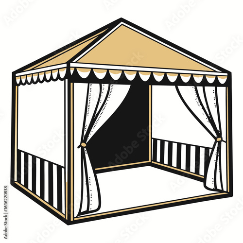 Beer tent illustration with open curtains and striped sides  