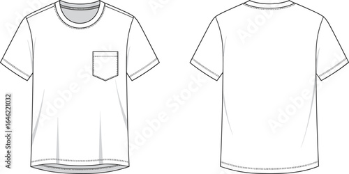 White T-shirt front and back view, fashion template, apparel mockup, pocket design, garment sketch, clothing outline, blank tee illustration
