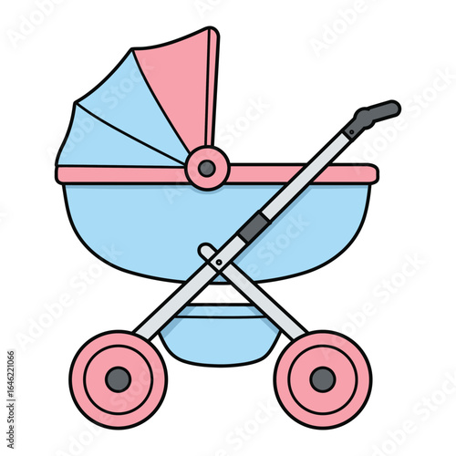 Cute blue and pink baby stroller illustration, a classic symbol of parenthood and new beginnings, perfect for baby shower invitations or nursery decor.