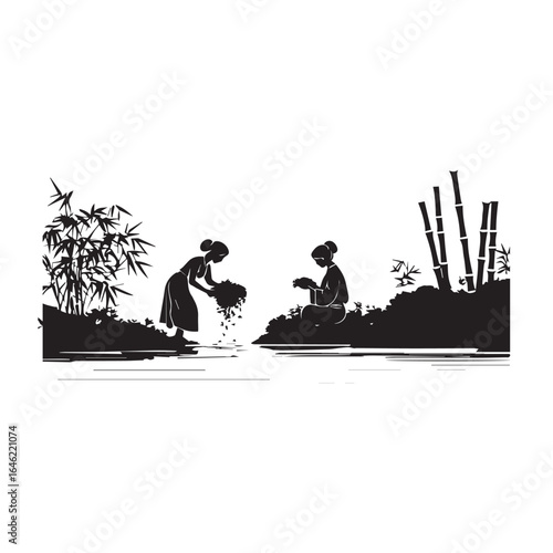 Vector art of silhouettes of two women working by the water with bamboo plants, depicting traditional rural asian life, community, and a peaceful natural landscape