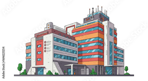 Modern science and technology center illustration, vibrant research facility
