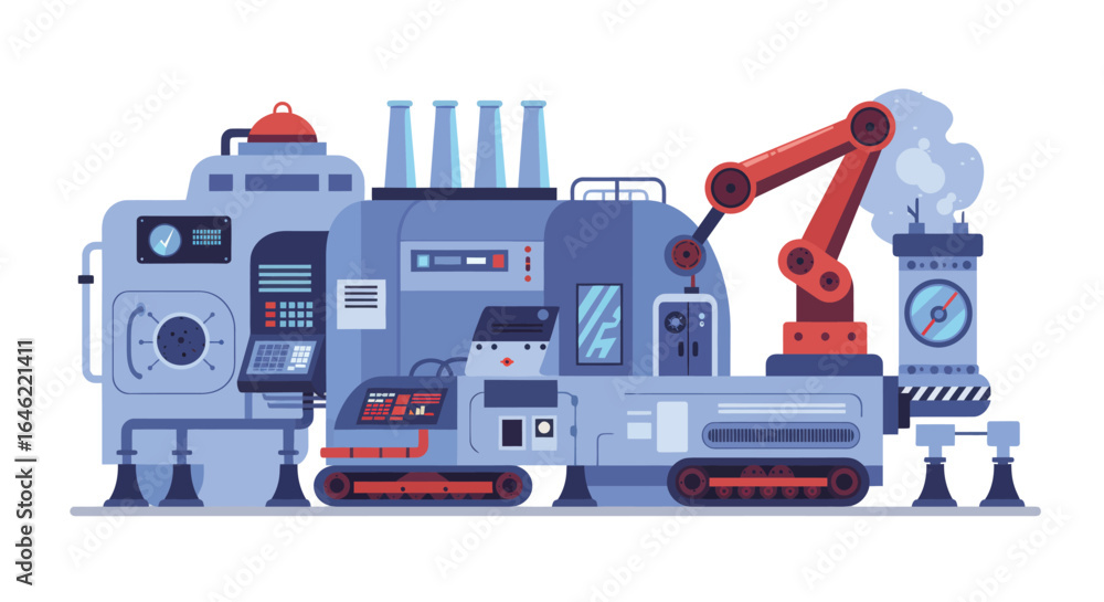 Fototapeta premium Futuristic automated factory with robotic arms for industrial processing and manufacturing
