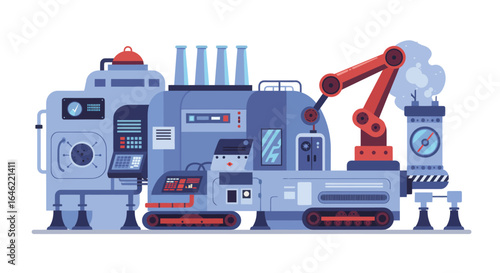 Futuristic automated factory with robotic arms for industrial processing and manufacturing