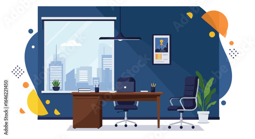 Stylized flat vector illustration of a private executive office with a vibrant workspace
