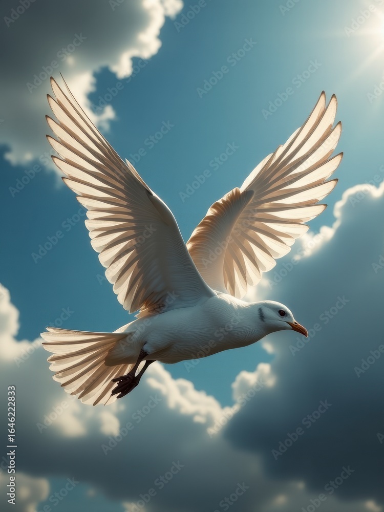 A white dove soars gracefully through a cloudy sky with sunlight breaking through. death, funeral A white dove soars gracefully through a cloudy sky with sunlight breaking through. death, funeral