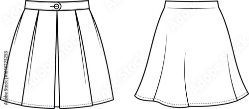 Women’s pleated skirt with buttoned waistband and flared skirt flat sketches, front and back views, fashion design, apparel illustration.