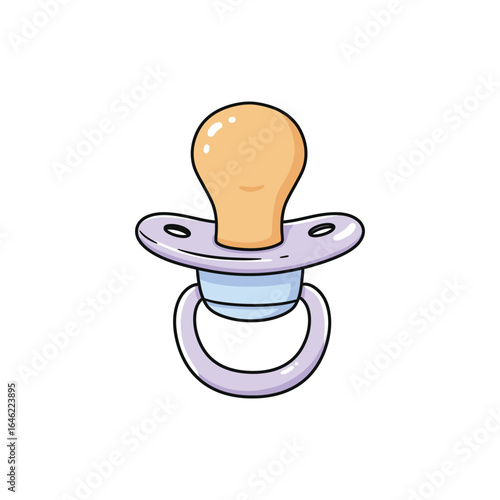 Cute cartoon pacifier illustration, a soothing baby nipple with a purple shield and orange tip, perfect for infant care and newborn essentials imagery.