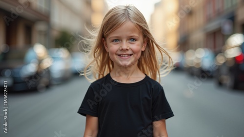 Wallpaper Mural Young girl in blank cotton black t-shirt on city background. Children clothes mock up
 Torontodigital.ca