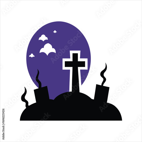 Broken Crosses in Misty Graveyard Vector Illustration