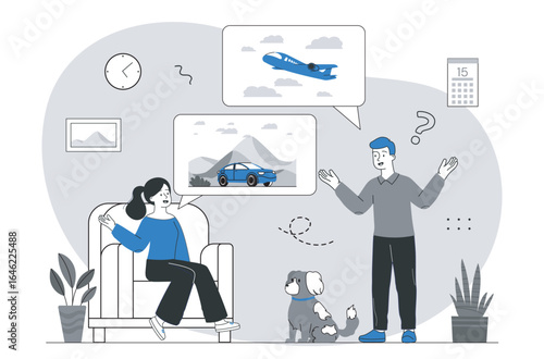 Couple discussing travel options at home. Vector illustration