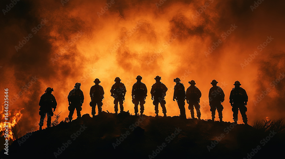 Fototapeta premium Silhouetted firefighters standing together against a massive blazing inferno at night