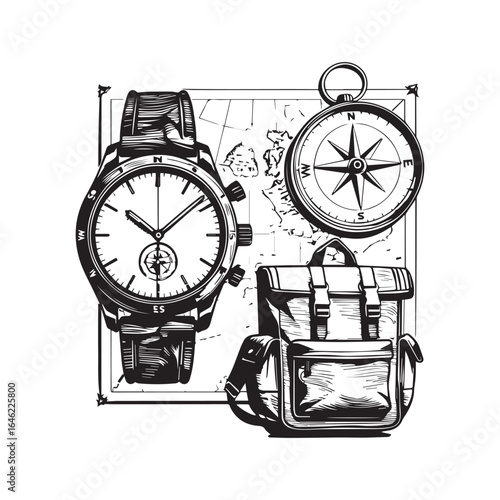 Vector art of travel essentials including a watch, compass, and backpack on a map, isolated on white background