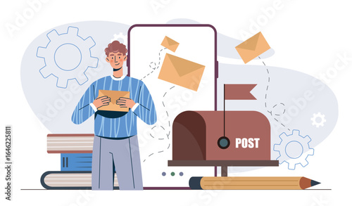 Man receiving letter at mailbox scene. Vector illustration