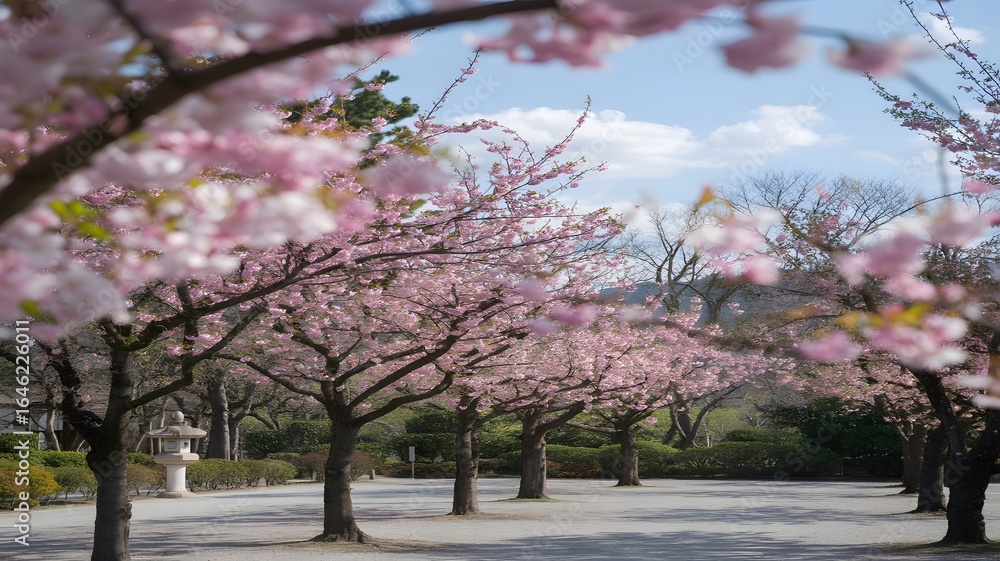 custom made wallpaper toronto digitalA picturesque pathway lined with blooming cherry blossom trees creating a beautiful canopy of pink flowers under a bright blue sky