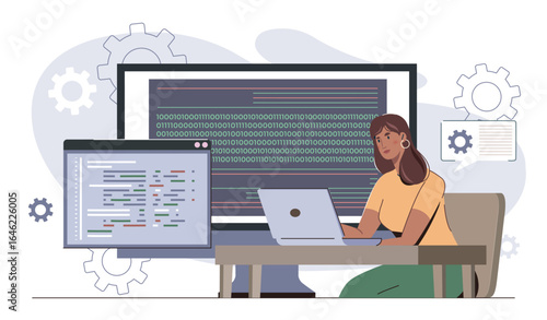 Female coder working with binary data. Vector illustration