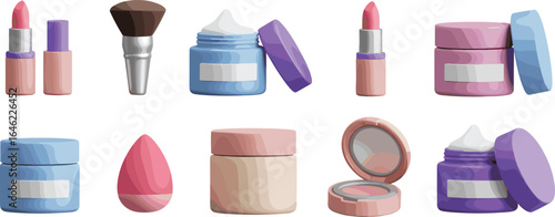 3D rendering of beauty skincare products, makeup essentials, lipsticks, brushes, jars, foundation, and cosmetic tools for daily routine