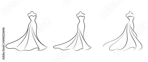 Elegant bridal dress line art set with flowing train silhouettes