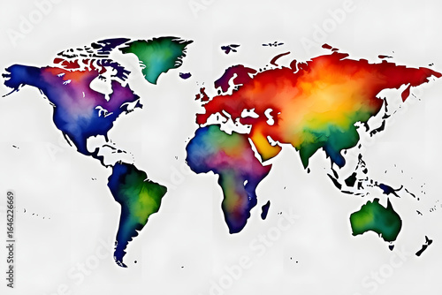 Abstract Watercolor World Map: Vibrant Rainbow Hues, Global Connectivity Concept