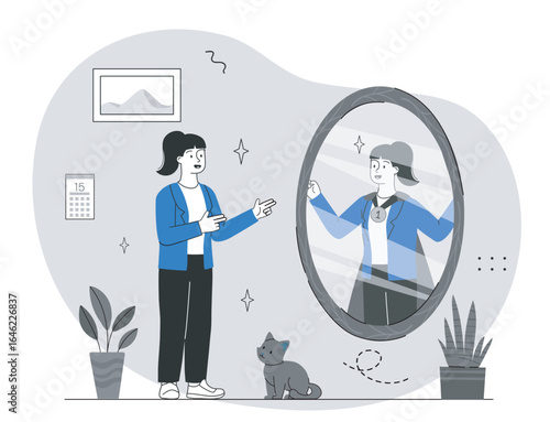Woman sees superhero reflection in mirror. Vector illustration